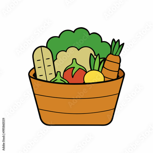 Fresh vegetables in basket isolated on white. Basket with vegetables cartoon vector illustration.Wicker basket with fresh vegetables outlined for coloring book on white background