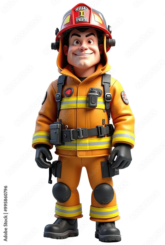 A small virtual cartoon full body 3D model of a male firefighter with his gear isolated on a white and transparent background A small virtual cartoon full body 3D model of a male firefighter with his gear isolated on a white and transparent background