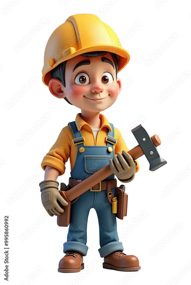 A small virtual cartoon full body 3D model of a male worker with his gear isolated on a white and transparent background A small virtual cartoon full body 3D model of a male worker with his gear isolated on a white and transparent background