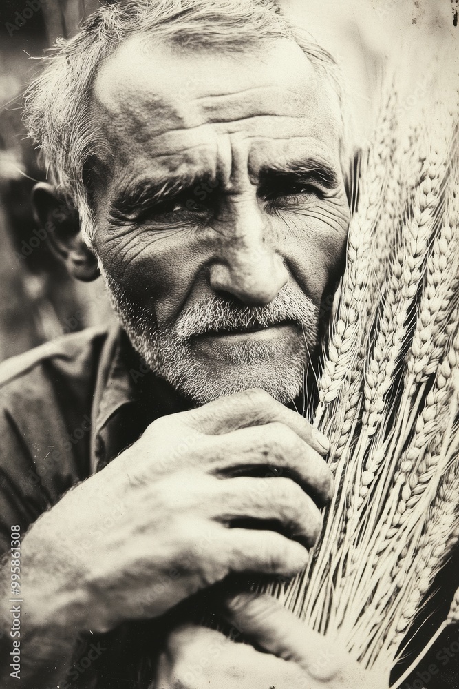 Obraz premium Elderly Man Embracing Wheat in a Vintage Photograph