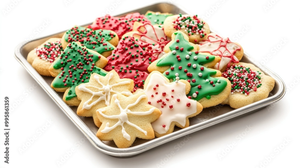 A tray of Christmas cookies decorated with icing and sprinkles, placed on a white background, perfect for holiday parties. A tray of Christmas cookies decorated with icing and sprinkles, placed on a white background, perfect for holiday parties.