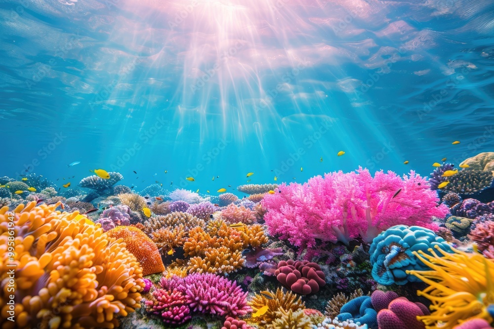 Naklejka premium Colorful Underwater Coral Reef with Tropical Fish and Sun Rays