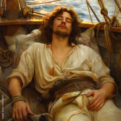 Biblical illustration, Jonah sleeps soundly on the boat while fleeing to Tarshish photo