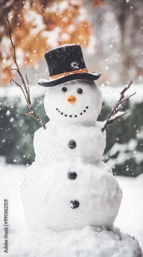 Cheerful Snowman in the Winter Snow