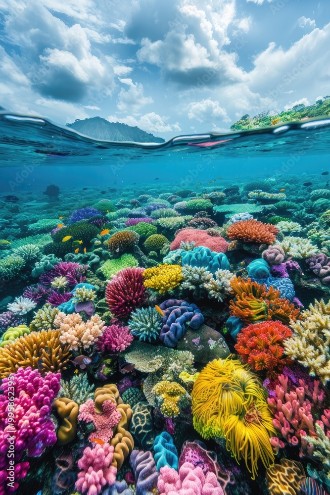 Naklejka premium Vibrant Underwater Coral Reef with Diverse Marine Life Under Blue Sky