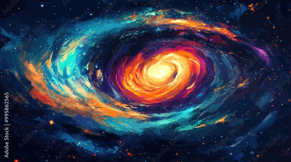 Pixelated Cosmic Spiral with Bright Center and Starry Background Pixelated Cosmic Spiral with Bright Center and Starry Background