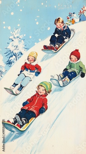 Vintage Illustration of Children Sledding in Winter