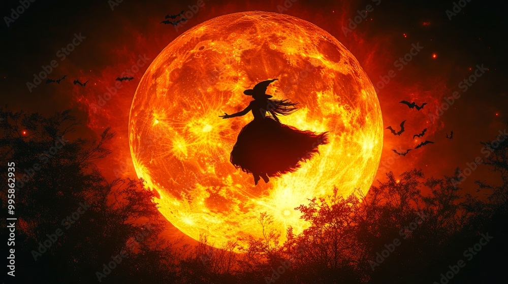 Silhouette of a witch flying in front of a large, glowing moon with bats surrounding and dark trees below. Silhouette of a witch flying in front of a large, glowing moon with bats surrounding and dark trees below.