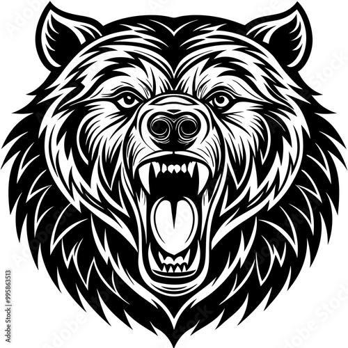 head of a ferocious grizzly bear , angry grizzly head roaring, Three roaring lion heads in fierce black and white illustration.