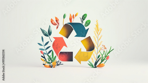 Colorful Recycling Symbol with Greenery Emphasizing Sustainability on Clear White Background