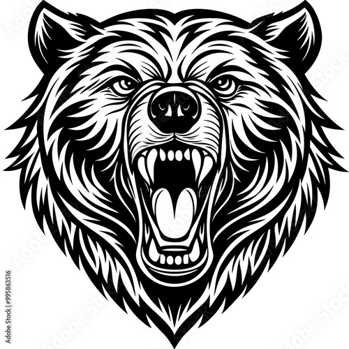 head of a ferocious grizzly bear , angry grizzly head roaring, Three roaring lion heads in fierce black and white illustration.