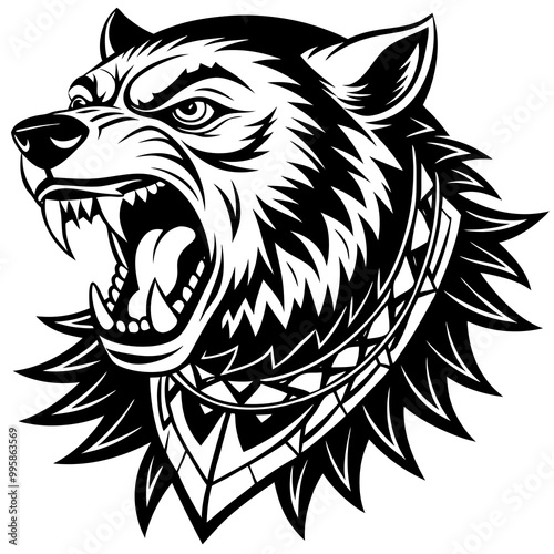 head of a ferocious grizzly bear , angry grizzly head roaring, Three roaring lion heads in fierce black and white illustration.