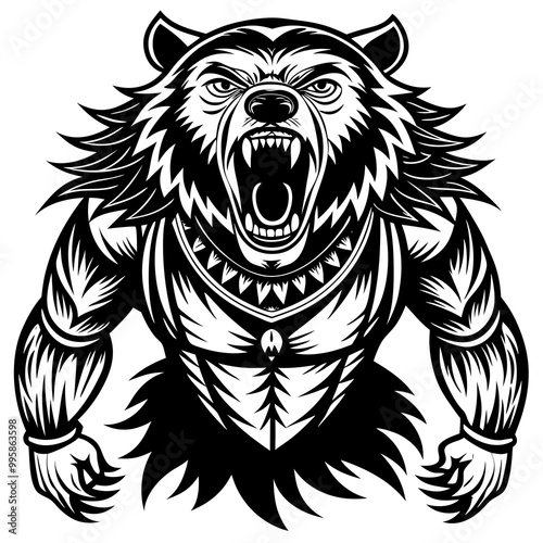 head of a ferocious grizzly bear , angry grizzly head roaring, Three roaring lion heads in fierce black and white illustration.