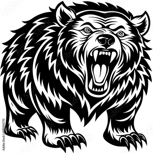 head of a ferocious grizzly bear , angry grizzly head roaring, Three roaring lion heads in fierce black and white illustration.