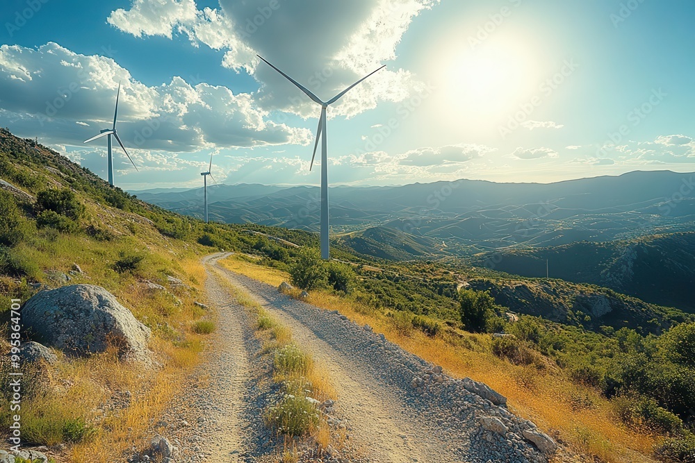 breathtaking landscape features wind turbines on rolling hills bathed in golden sunlight symbolizing renewable energy and sustainability blending nature and technology in harmony breathtaking landscape features wind turbines on rolling hills bathed in golden sunlight symbolizing renewable energy and sustainability blending nature and technology in harmony