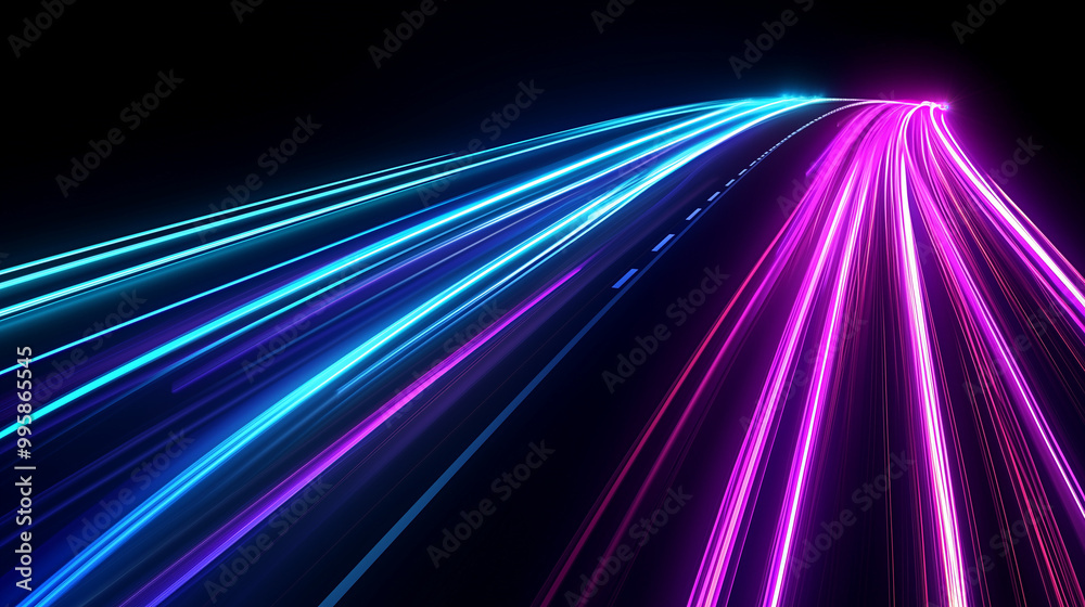 Abstract light speed motion background in blue and purple. Night sky, highway. Business concept. High-res 3D vector.