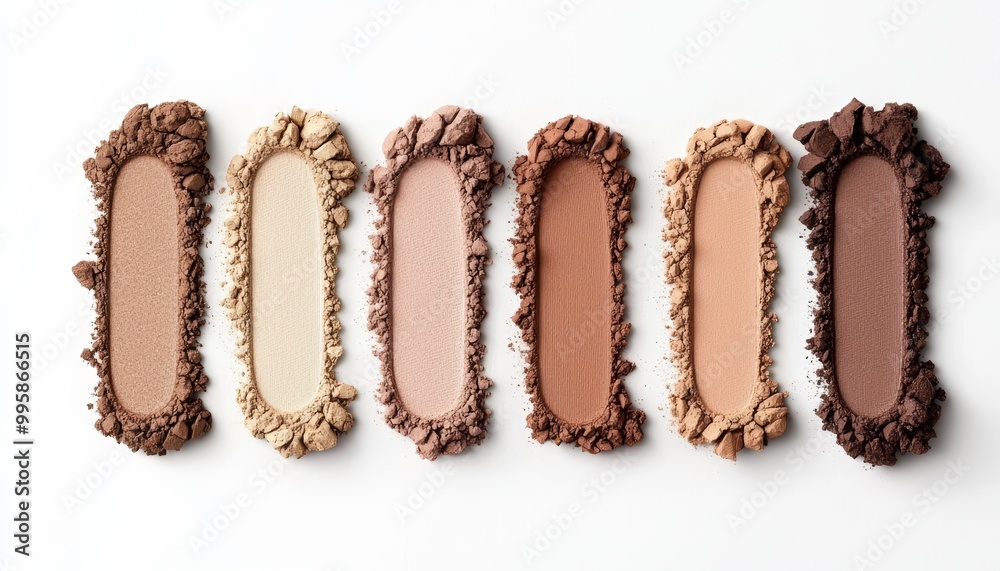 A collection of soft cream and golden terra eyeshadow swatches, arranged in a gradient from light to deep earthy tones. A collection of soft cream and golden terra eyeshadow swatches, arranged in a gradient from light to deep earthy tones.