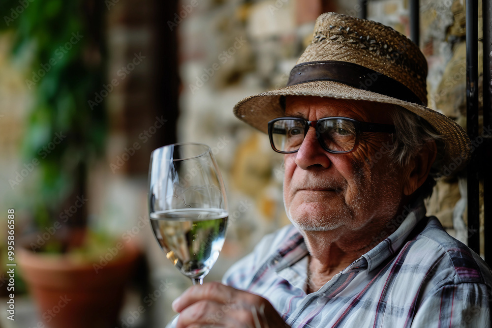 Generative AI image of elderly man enjoying wine outdoors Generative AI image of elderly man enjoying wine outdoors