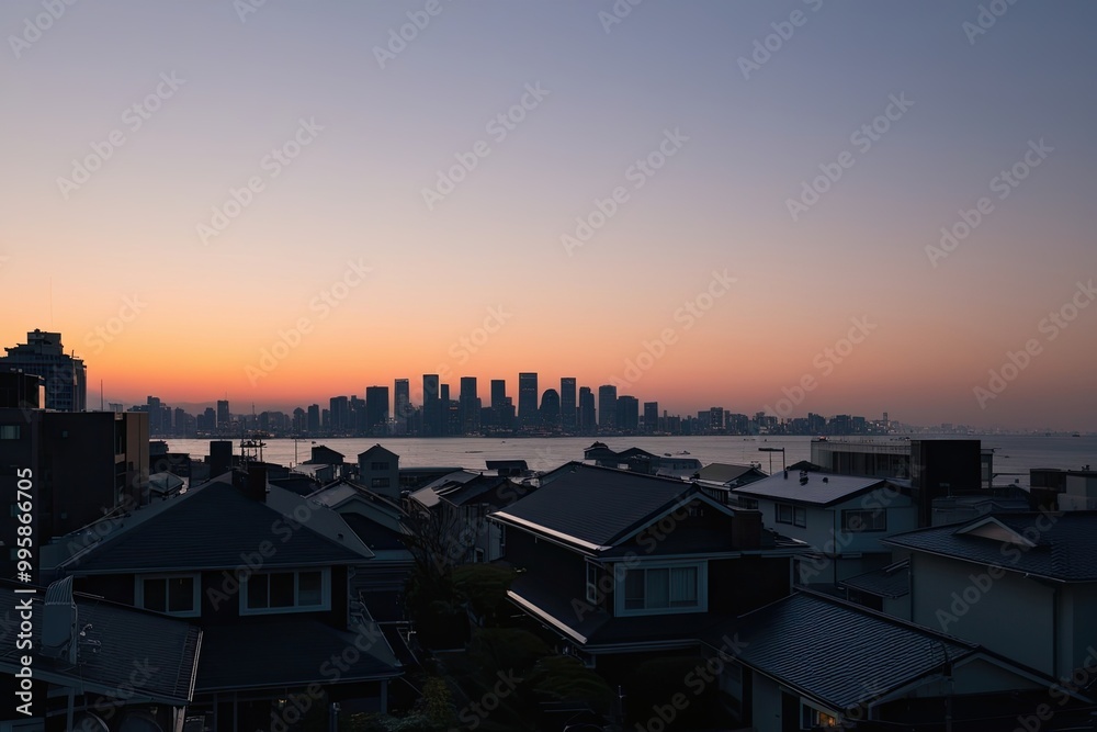 Charming Dawn Silhouette of Yokohama City with Cozy Homes and Minimalist Architecture Charming Dawn Silhouette of Yokohama City with Cozy Homes and Minimalist Architecture
