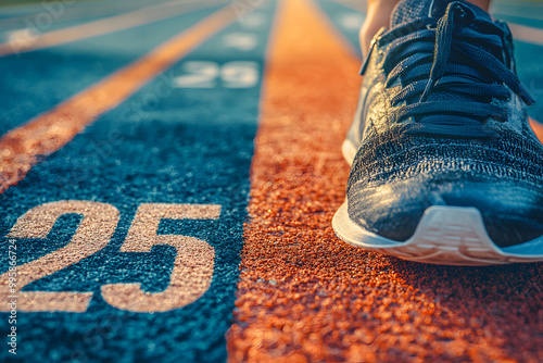 ランニングトラックの数字25とシューズ - スポーツモチベーションの象徴