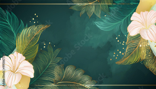 Botanical modern art deco wallpaper background vector with golden leaves. Line arts background design for interior design, vector arts, fashion textile patterns, textures, posters, packaging,  photo