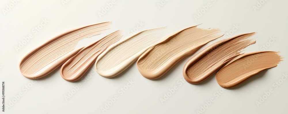 A gradient of soft cream foundation swatches paired with golden terra contour sticks, creating a modern, earthy palette. A gradient of soft cream foundation swatches paired with golden terra contour sticks, creating a modern, earthy palette.