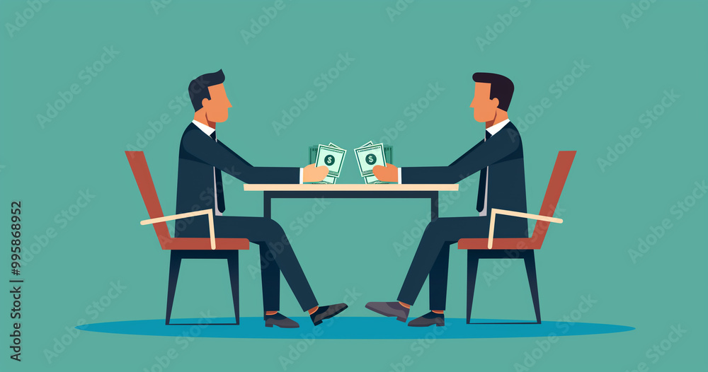 Two Businessmen Exchanging Cash at Table Two Businessmen Exchanging Cash at Table