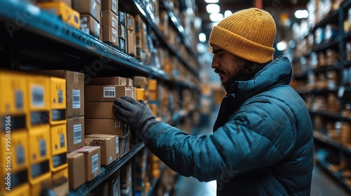 A dedicated worker efficiently organizes boxes on shelves in a bustling warehouse illuminated by bright lights