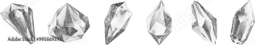 3D vector gradient geometric shapes with noise effect. Cube, cylinder, triangle, rhombus with grainy dot texture.