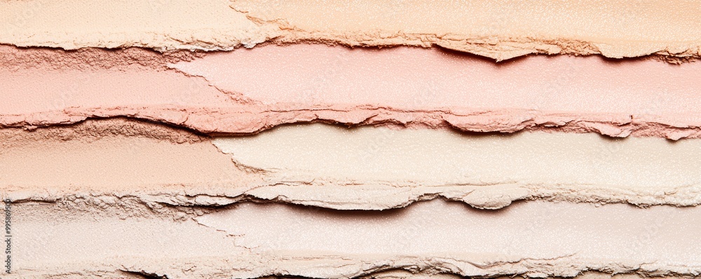 A modern take on makeup swatches, featuring soft peach blush smudges alongside shimmering beige highlighters. A modern take on makeup swatches, featuring soft peach blush smudges alongside shimmering beige highlighters.