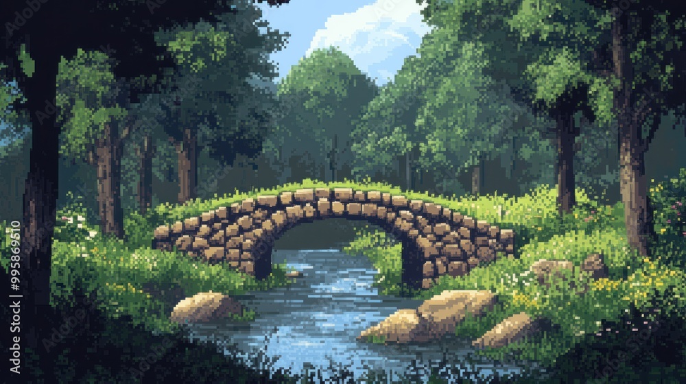 Fototapeta premium Stone Bridge Over a Stream in a Lush Green Forest