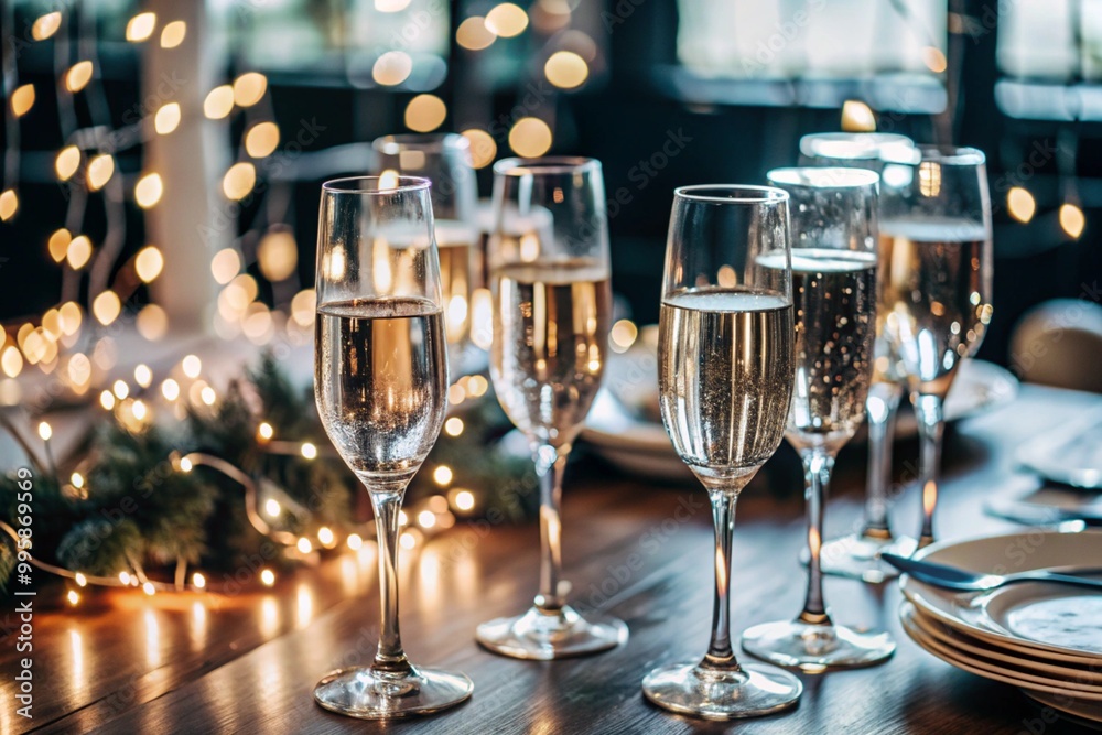 Congratulations on the New Year 2025. The banner. Champagne glasses on the table with beautiful lights and sideways around. Close-up of glasses. Congratulations on the New Year 2025. The banner. Champagne glasses on the table with beautiful lights and sideways around. Close-up of glasses.