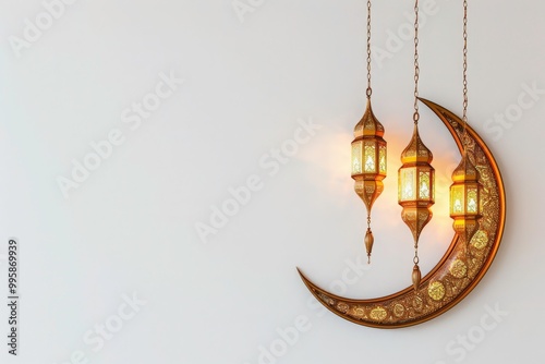 Golden crescent moons and lanterns hung on the walls. Perfect for backgrounds, Ramadan designs, and Islamic holidays. Generative AI