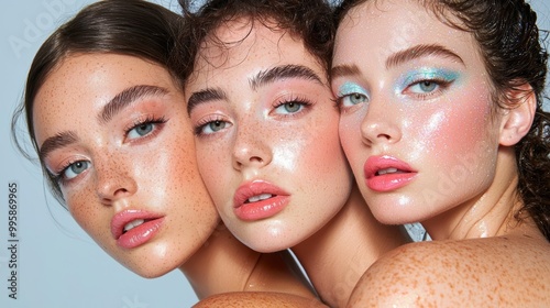 A set of bold Cybergem contour swatches, vibrant Escapist Green eyeshadows, and shimmering Skylight Blue highlighters, forming a cohesive look. photo