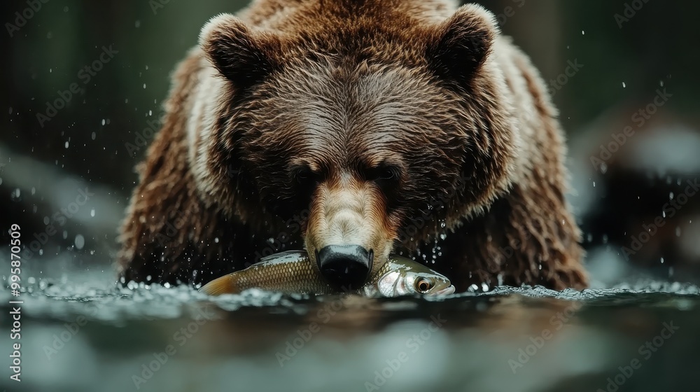 A majestic bear skillfully captures a fish in mid-action within a flowing river, showcasing the primal and dynamic interaction of wildlife in its natural habitat. A majestic bear skillfully captures a fish in mid-action within a flowing river, showcasing the primal and dynamic interaction of wildlife in its natural habitat.