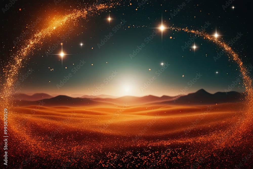 Fototapeta premium Dreamy Abstract Landscape with Vibrant Orange Particles Sparkling Stars and Bright Flickering Light