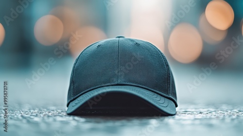 A navy blue cap is displayed with softly blurred bokeh city lights in the background, emphasizing the casual elegance and simplicity of modern headwear. photo