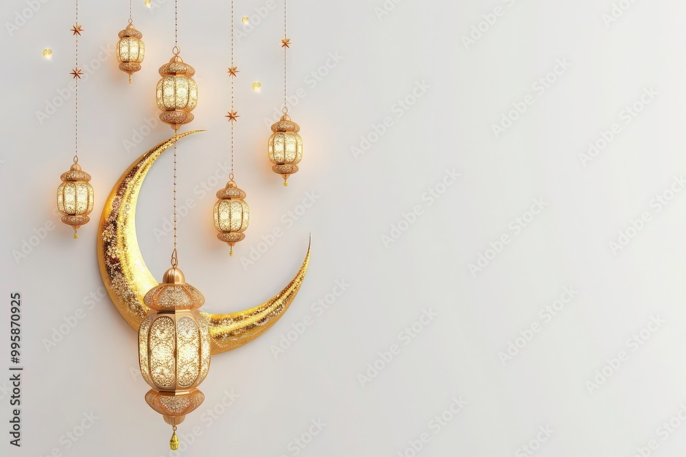 Golden crescent moons and lanterns hung on the walls. Perfect for backgrounds, Ramadan designs, and Islamic holidays. Generative AI Golden crescent moons and lanterns hung on the walls. Perfect for backgrounds, Ramadan designs, and Islamic holidays. Generative AI