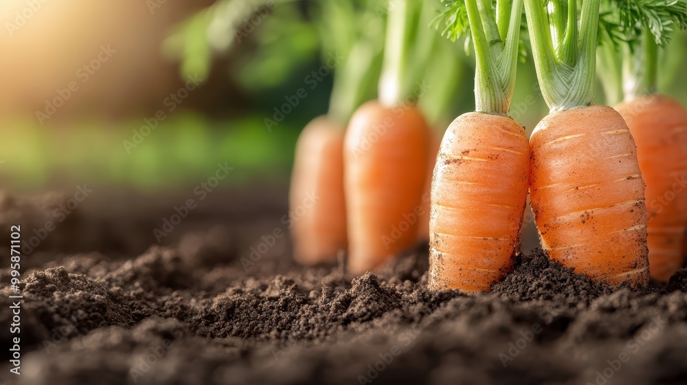 Three fresh young carrots with green tops partially buried in rich soil, symbolizing growth, nurture, and earth's abundance in natural vegetable farming imagery. Three fresh young carrots with green tops partially buried in rich soil, symbolizing growth, nurture, and earth's abundance in natural vegetable farming imagery.