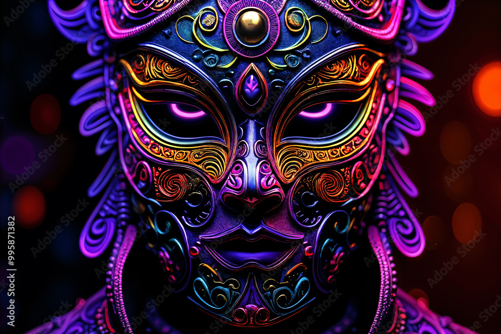 A close-up of a person wearing a vibrant, colorful mask with intricate designs and patterns. A close-up of a person wearing a vibrant, colorful mask with intricate designs and patterns.