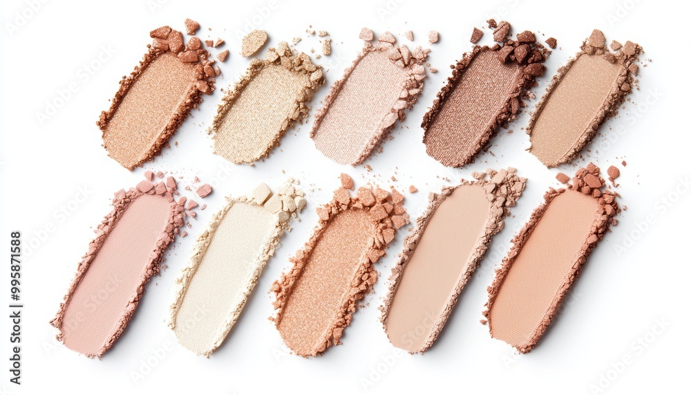 A set of soft cream and golden terra eyeshadow swatches, arranged in a flowing pattern with matte and shimmery textures. A set of soft cream and golden terra eyeshadow swatches, arranged in a flowing pattern with matte and shimmery textures.