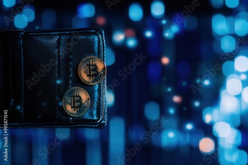 Close-up of a wallet with two coins on a blue bokeh background, representing cryptocurrency and digital finance.