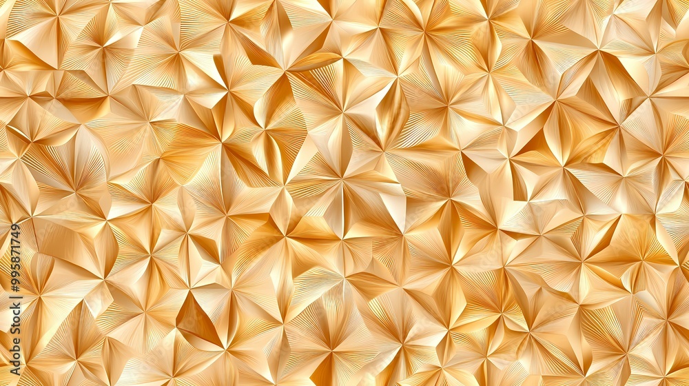 The image is an abstract pattern of gold and white geometric shapes. The shapes are arranged in a repeating pattern that creates a sense of depth and dimension. The image is reminiscent of origami o The image is an abstract pattern of gold and white geometric shapes. The shapes are arranged in a repeating pattern that creates a sense of depth and dimension. The image is reminiscent of origami o