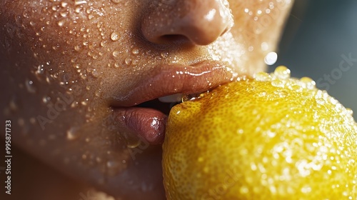 A close-up image focusing on lips covered with water droplets and a yellow fruit, possibly a lemon, highlighting freshness and sensuality in a captivating and artistic manner. photo