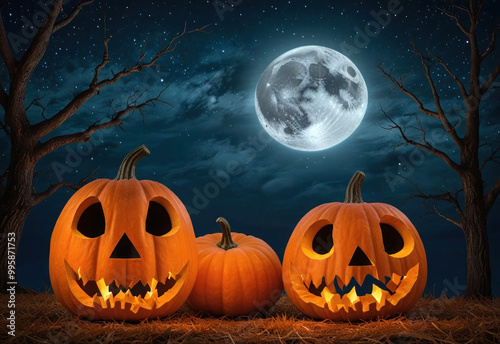 Halloween background. Yellow pumpkins and Halloween night. Creepy, scary, dark night forest. Holiday event Halloween banner background concept