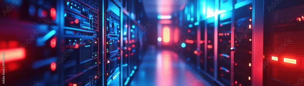 Futuristic server room with blue and red lights, focused on server racks. Futuristic server room with blue and red lights, focused on server racks.