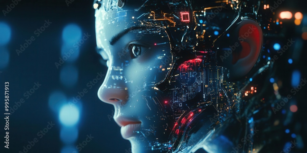 Futuristic robotic face, intricate circuits, digital enhancements, colorful glow. Futuristic robotic face, intricate circuits, digital enhancements, colorful glow.