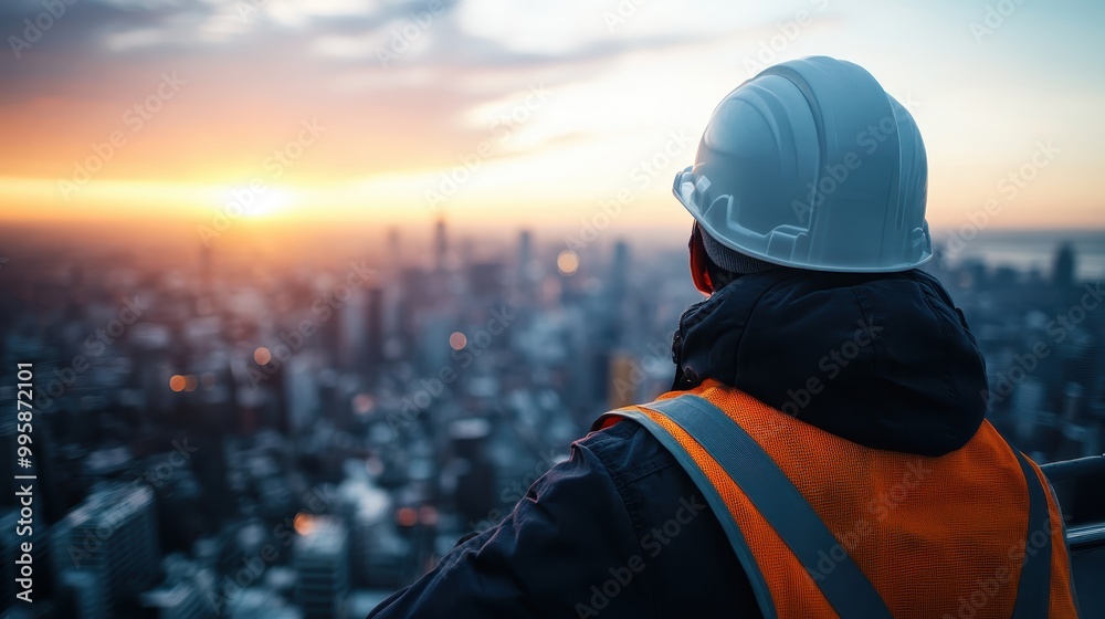 Obraz premium A worker in a helmet and safety vest gazes at the city during sunset, with the skyline spread out before them, representing resilience and a future-focused mindset.