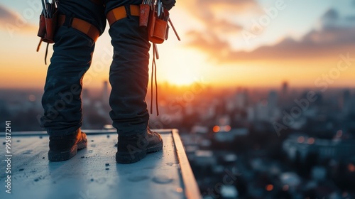 A construction worker stands on a rooftop at sunset, with visible tools around their waist and a sprawling cityscape below, embodying the spirit of hard work and dedication. photo