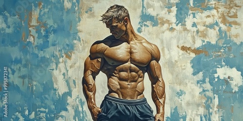 Muscular man posing confidently against a textured blue wall. photo